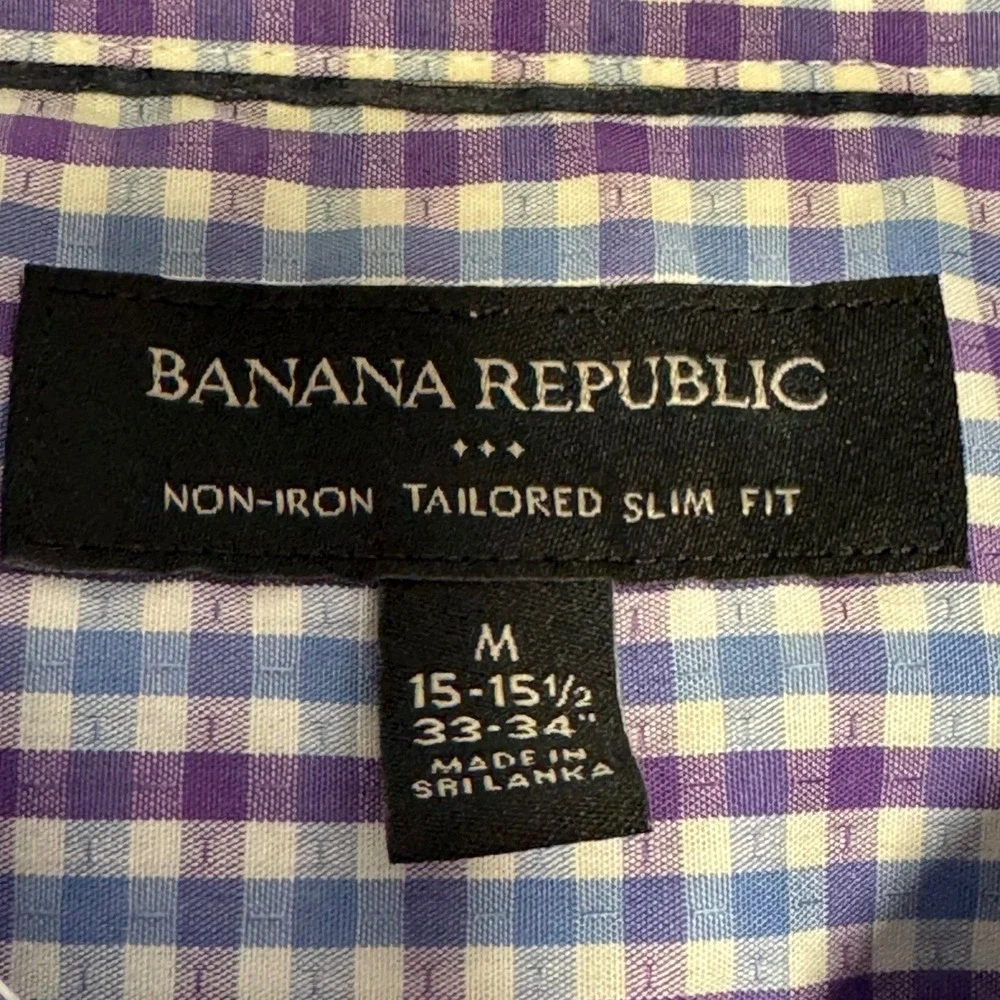 Banana Republic Mens Tailored Slim Fit NonIron Gingham Dress Shirt Blue Purple M
